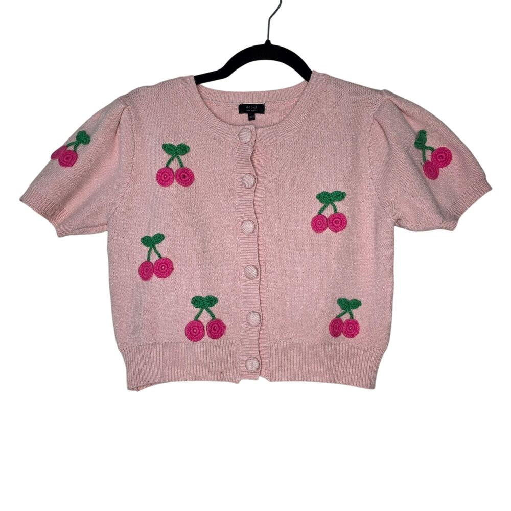 Debut Cardigan Sweater Womens S/M Pink Cherry Puff Sleeve Button Knit Coquette